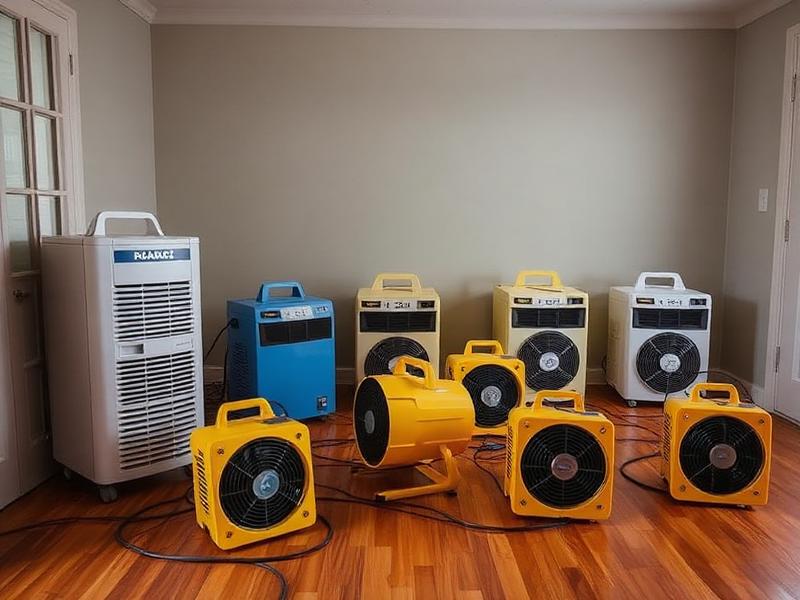 Commercial air movers and dehumidifiers drying a flooded room