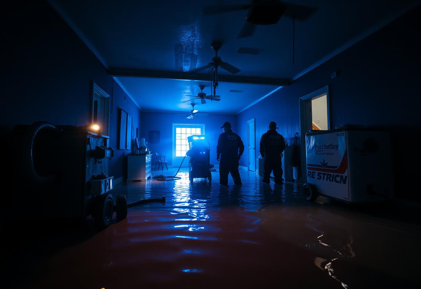 Water damage restoration team working in a flooded Laredo home